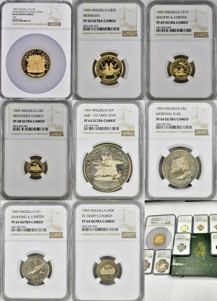 Anguilla 1969 Set 8 Gold Silver Coins NGC PF64-69 Rare
