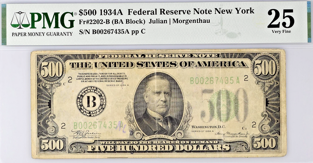 1934 $500 Bill Federal Reserve Note New York PMG VF25 Fr.2202-B