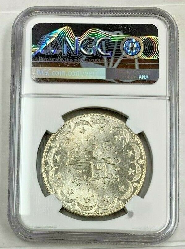 AH1327//9 Turkey 20 Kurush Silver Coin Toughra Mehmed V Reshad NGC MS63+