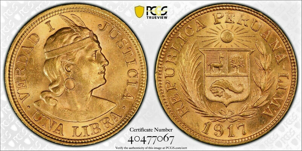 Peru 1917 Gold Coin Libra Lima PCGS MS62