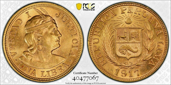 Peru 1917 Gold Coin Libra Lima PCGS MS62