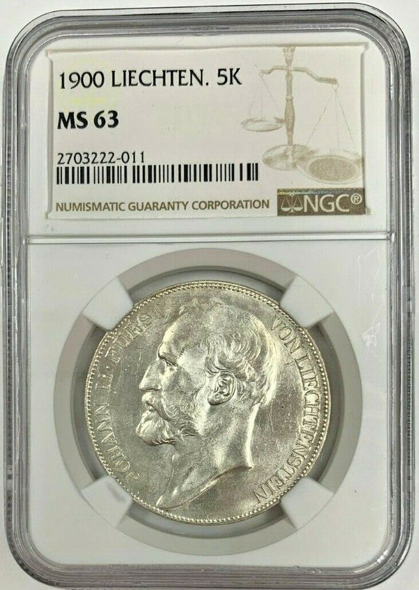 Liechtenstein 1900 Silver 5 Kronen John Johann II Fürst NGC MS63 Mintage-5,000