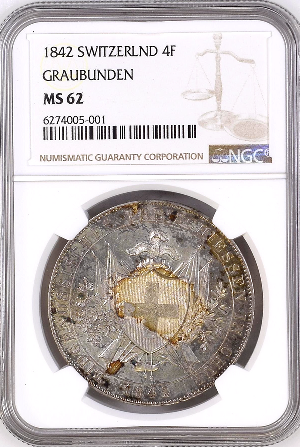Rare Swiss 1842 Silver Shooting Thaler 4 Francs Graubunden Chur NGC MS62