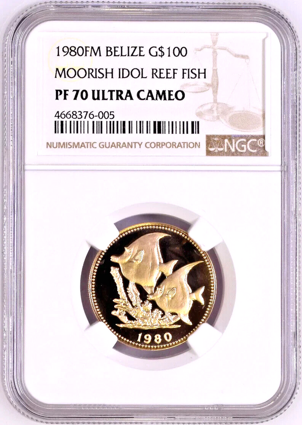 Belize 1980 Gold $100 Moorish Idol Reef Fish NGC PF70 Elizabeth II Top Pop