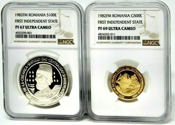 Romania 1982 Gold Silver Set 100, 500 Lei Independent State NGC PF67,69