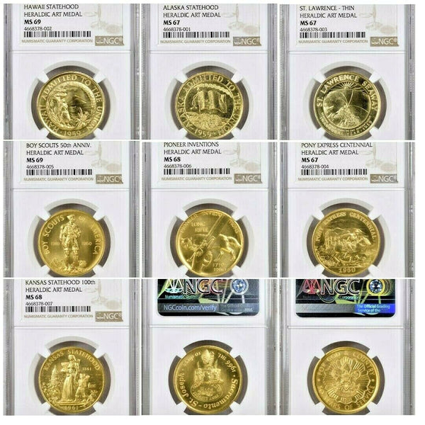 1959-1961 US Gold Set 7 medals Heraldic Art  NGC MS69 MS68 MS67 Extremely Rare