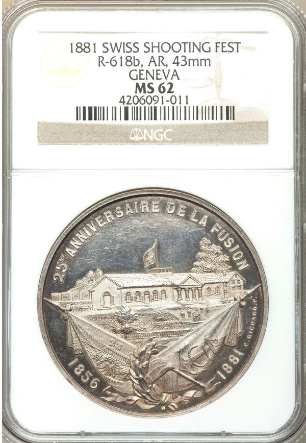 Very Rare Swiss 1881 Silver Shooting Medal Geneva Confederation R-618b NGC MS62