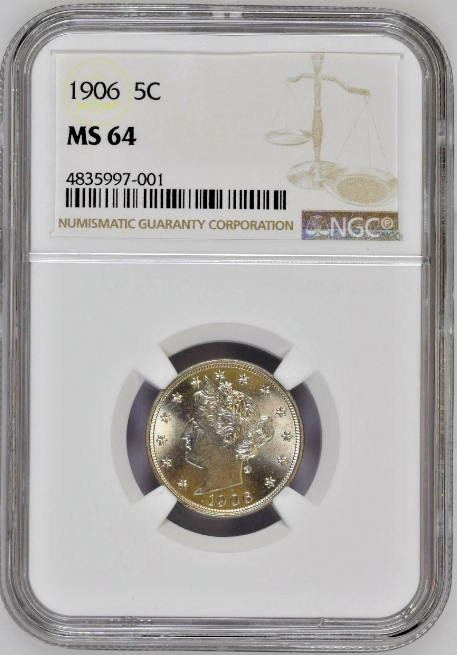 United States 1906 Liberty Head Five Cents Copper-Nickel Coin NGC MS64