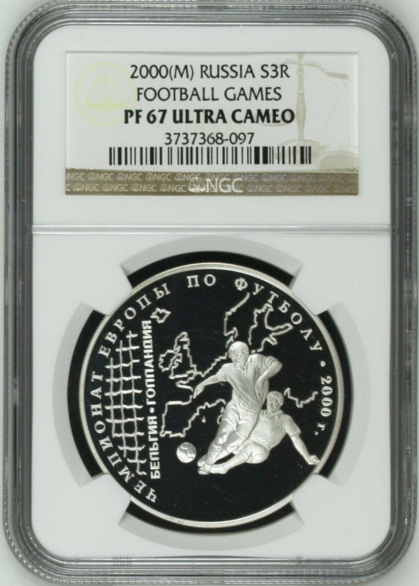 Russia 2000 Silver 3 Roubles UEFA Soccer Championship Football Y#673 NGC PF67