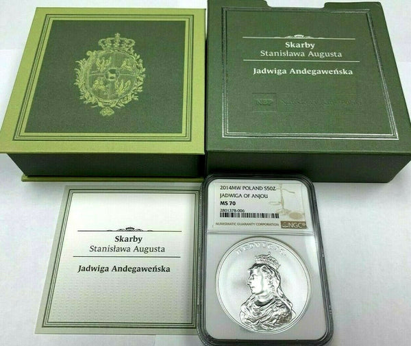 2014 Poland Silver 50 Zloty King Stanislaw August Jadwiga of Anjou NGC MS70