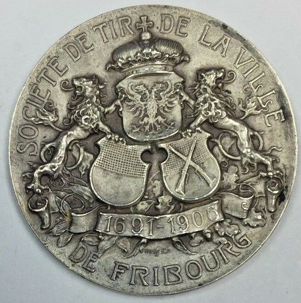 Rare Swiss 1906 Silver Shooting Medal Fribourg R-421a Mintage-300