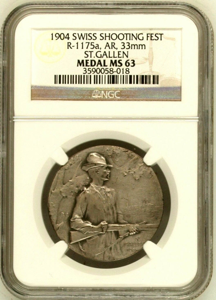 Swiss 1904 Silver Participant Medal Shooting Fest St Gallen R-1175a NGC MS63 Box