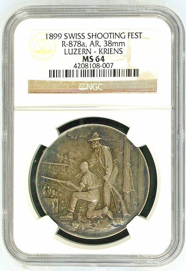 Swiss 1899 Silver Shooting Medal Luzern Kriens R-878a M-475 Switzerland NGC MS64