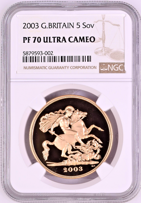 Great Britain 2003 Gold 5 Pounds Sovereign Elizabeth II NGC PF70 Mintage-2050