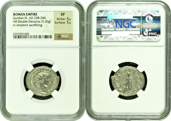 Roman Empire Gordian III AD238-244 Double Denarius Emperor sacrificing NGC XF