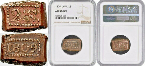 1809 Java Netherlands East Indies 2 Stuiver Napoleon Hammered Indonesia NGC AU58