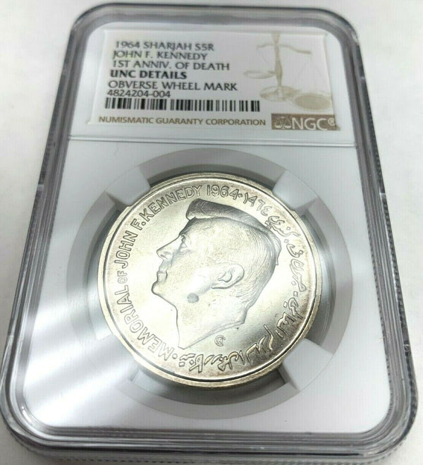 UAE Sharjah 1964 Silver 5 Rupees Saqr III US President John F. Kennedy NGC