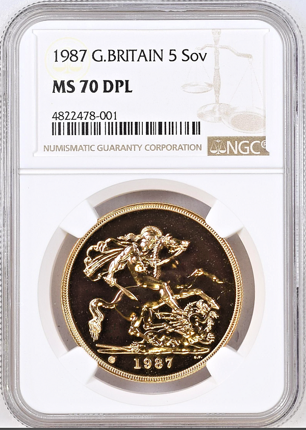 Great Britain 1987 Gold 5 Pounds Sovereign Elizabeth St George NGC MS70 Top Pop