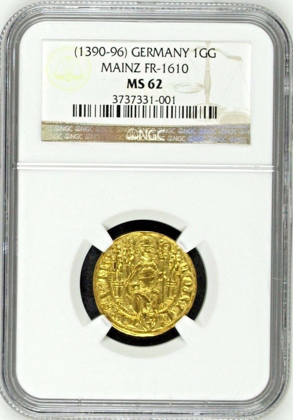 Rare Germany 1390-96 Gold 1 Gulden Mainz Konrad II Weinsberg FR-1610 NGC MS62