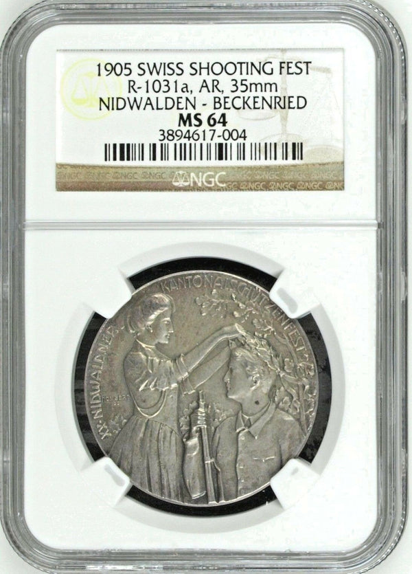 Swiss 1905 Silver Medal Shooting Fest Nidwalden Beckenried R-1031a NGC MS64 Rare