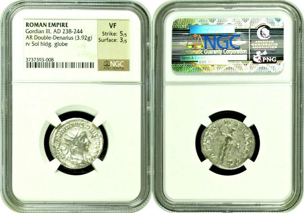 Roman Empire Gordian III AD 238-244 AR Double Denarius Sol holding globe NGC VF