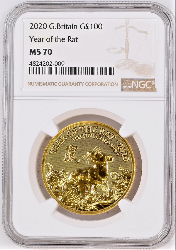 Great Britain 2020 Gold 100 Pounds Year of the Rat NGC MS70 Mintage-898