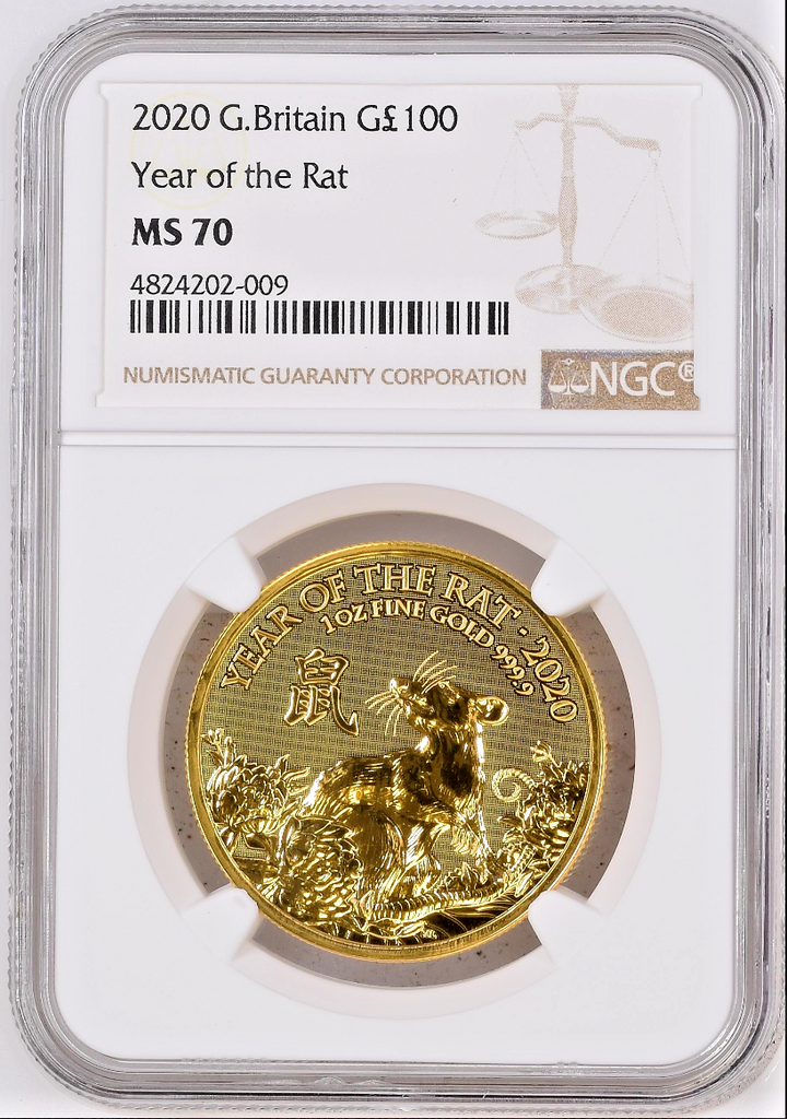Great Britain 2020 Gold 100 Pounds Year of the Rat NGC MS70 Mintage-898