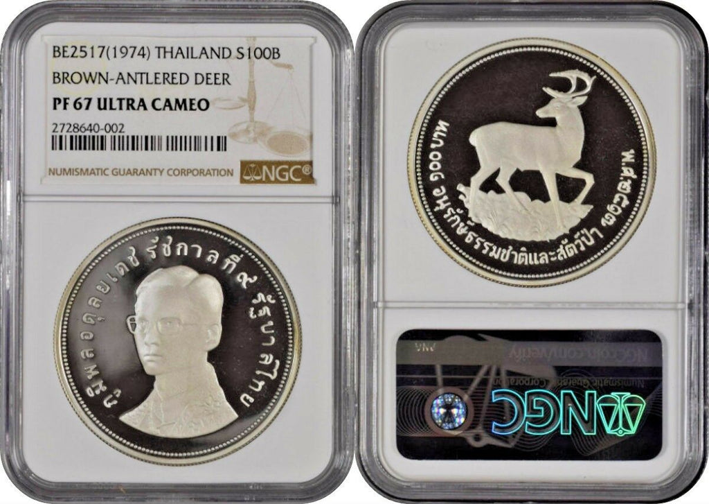 1974 Thailand Silver 100 Baht Brown Antler Deer Wild Conservation NGC PF67