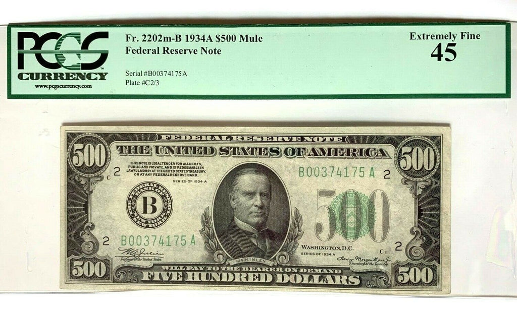 1934 $500 Bill Federal Reserve Note MULE New York PCGS XF45 Fr2202m-B