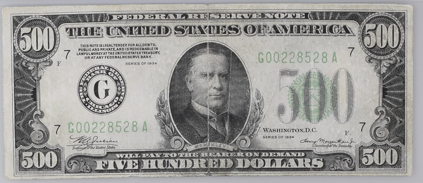 1934 $500 Bill Federal Reserve Note Chicago Dark Green PMG VF25 Fr.2201-Glgs