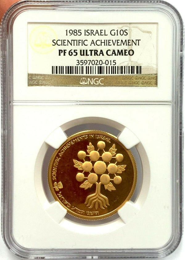 Israel 1985 Gold 10 Sheqalim Scientific Achievement NGC PF65 Low Mintage