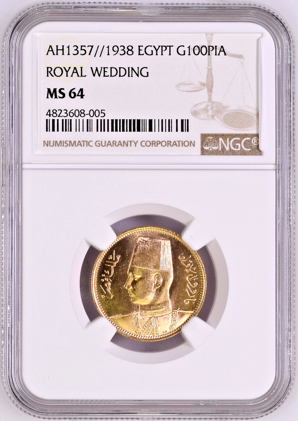 Egypt 1938 Gold 100 Piastres Marriage of King Farouk I Lady Farida NGC MS64