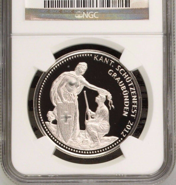 Swiss 2012 Silver Shooting Medal 50 Francs Graubunden Fest Helvetia NGC PF69