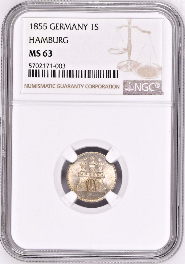1855 German States Free City of Hamburg Silver Coin Schilling Castle NGC MS63