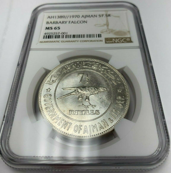 Ajman AH1389//1970 Silver 7.5 Riyals Barbary Falcon United Arab Emirate NGC MS65