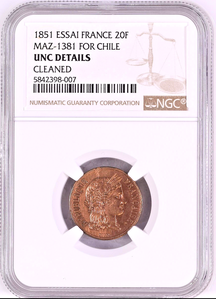 France 1851 Essai Rare Cooper Trial 20 Francs NGC MAZ-1381 for Chilie