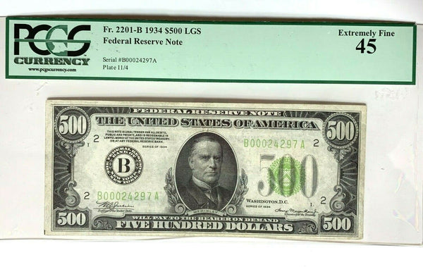 1934 $500 Dollar Bill Federal Reserve Note New York PCGS XF45 Fr2201-B LGS