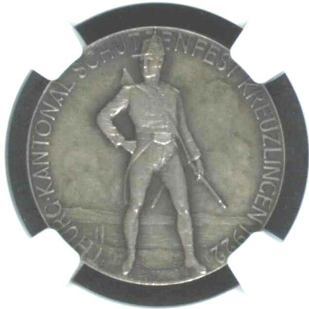 Swiss 1922 Silver Shooting Medal Thurgau Kreuzlingen R-1282a NGC MS63 Very Rare