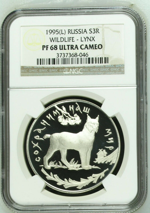 Russia 1995 Silver Coin 1oz 3 Rouble Wildlife Lynx NGC PF68 Ultra Cameo