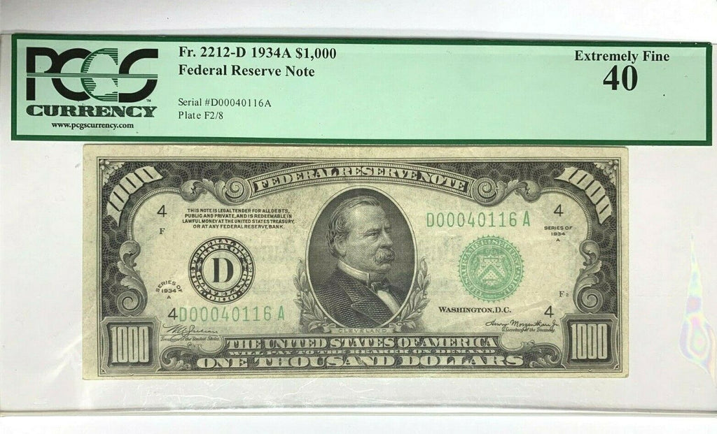 1934A $1000 Bill Federal Reserve Note Cleveland PCGS EF40 Fr2212-D