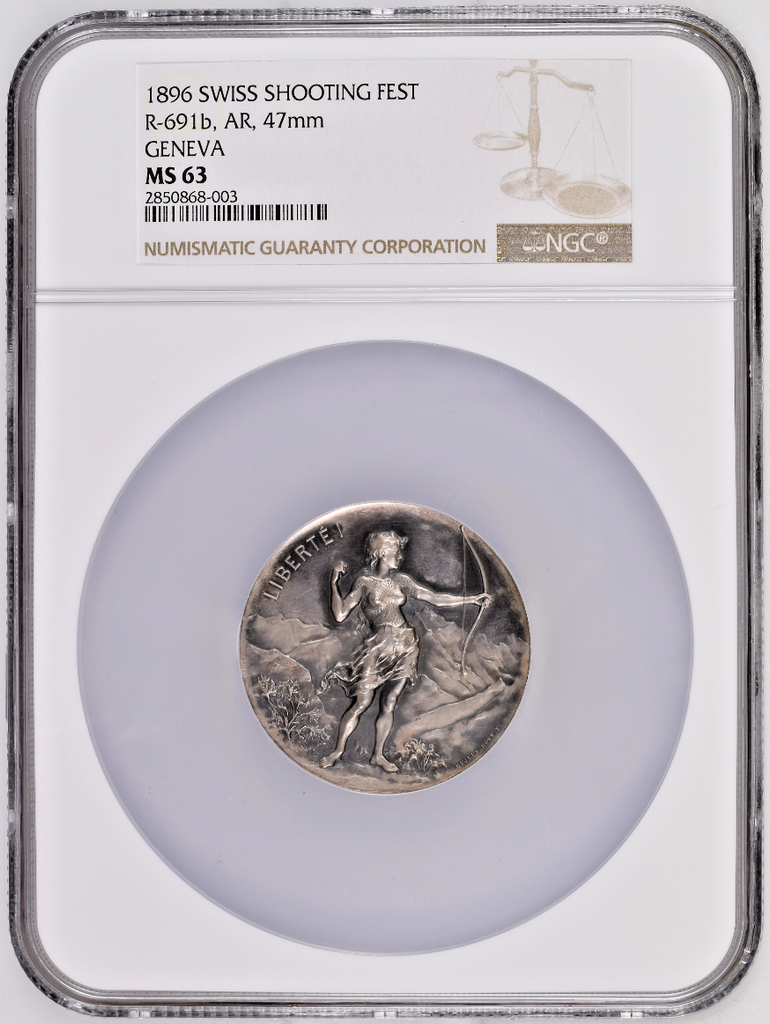 Rare Swiss 1896 Silver Shooting Medal NGC MS63 Geneva R-691b Mintage<250