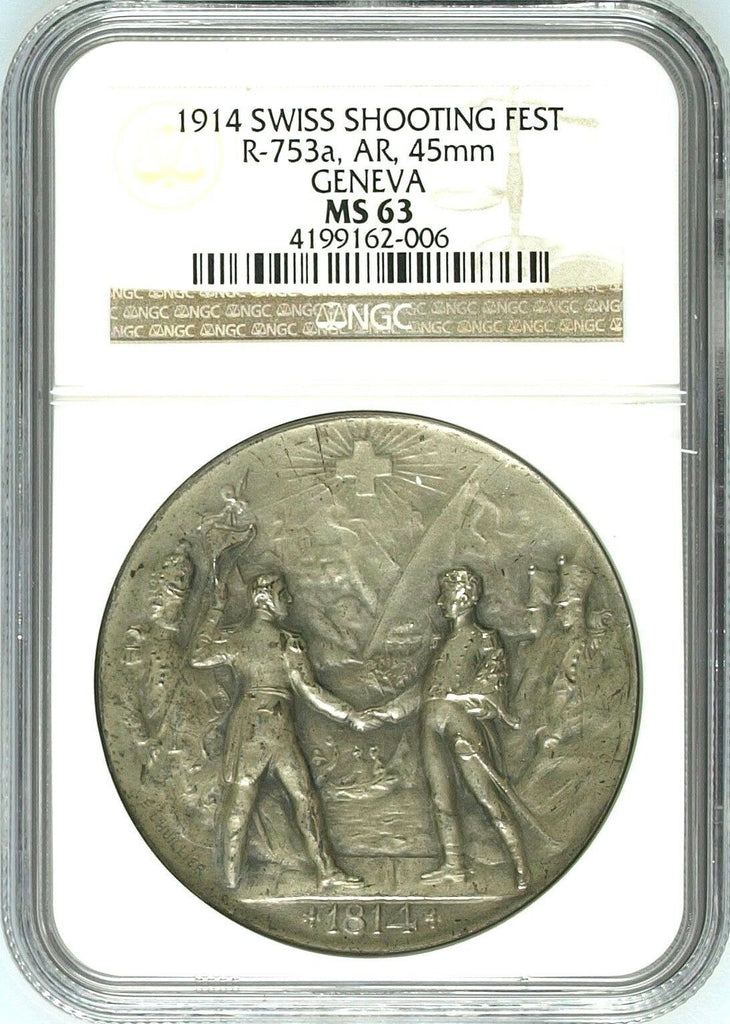 Swiss 1914 Silver Shooting Medal Geneva R-753a M-412 NGC MS63 Mintage-633