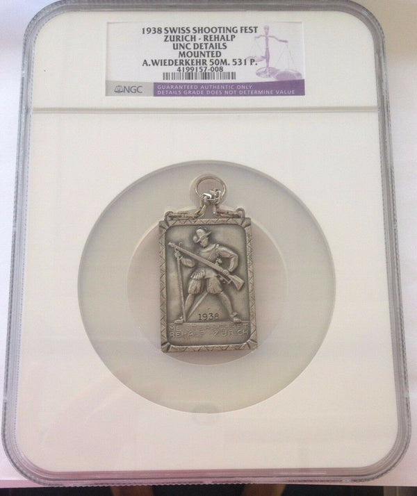 Swiss 1938 Silver Shooting Medal Zurich Rehalp R-1870a Huguenin NGC Very Rare