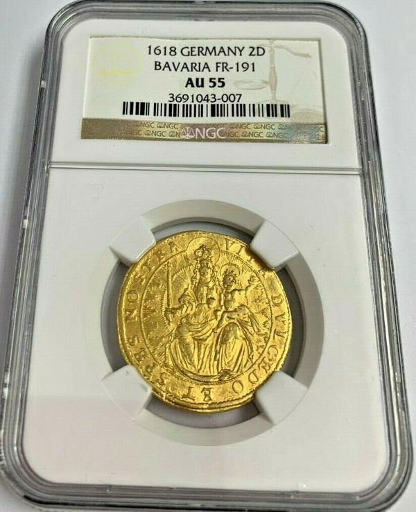 Very Rare Germany Bavaria 1618 Gold 2 Ducat Maximilian I Madonna NGC AU55