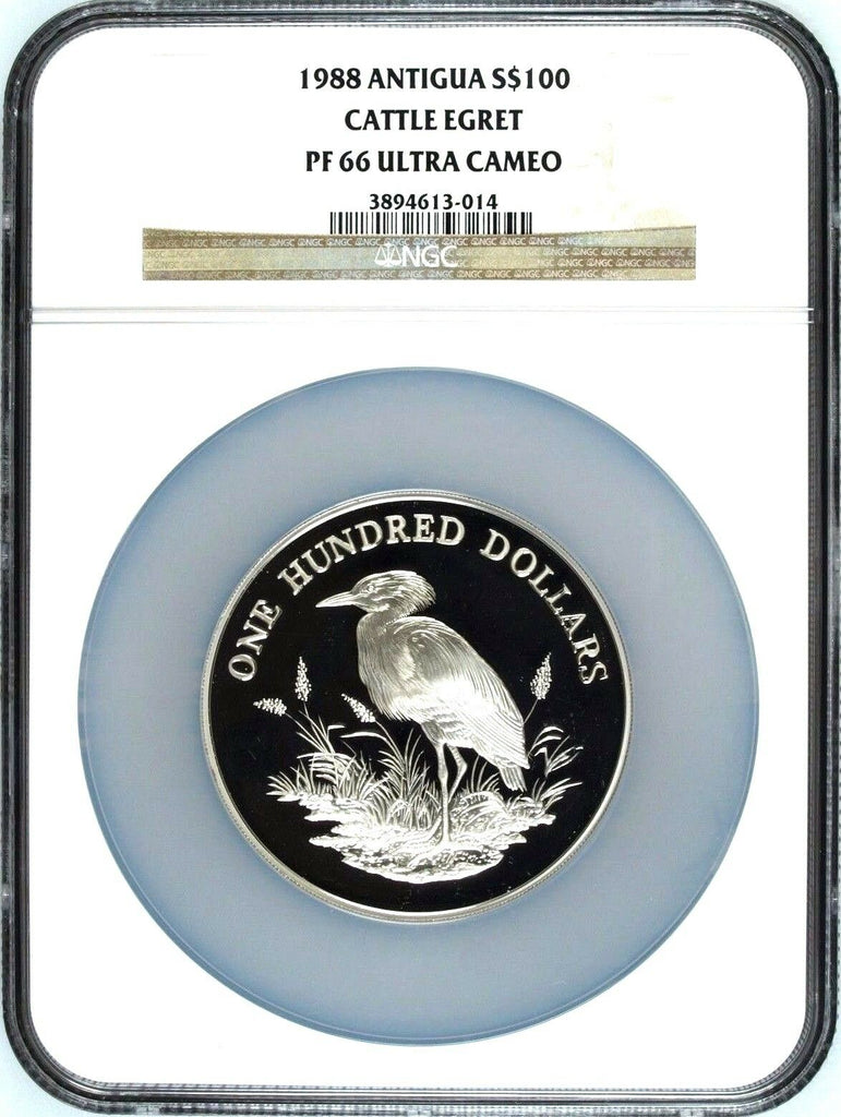 Antigua Barbuda 1988 Silver 100 Dollars Cattle Egret Caribbean Bird NGC PF66