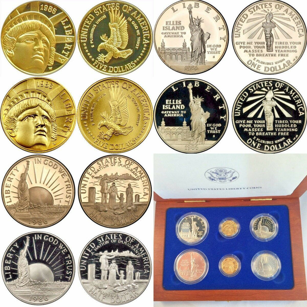 1986 Set 6 Gold Silver Coins Statue of Liberty $5 $1 $0.5 United States Box COA