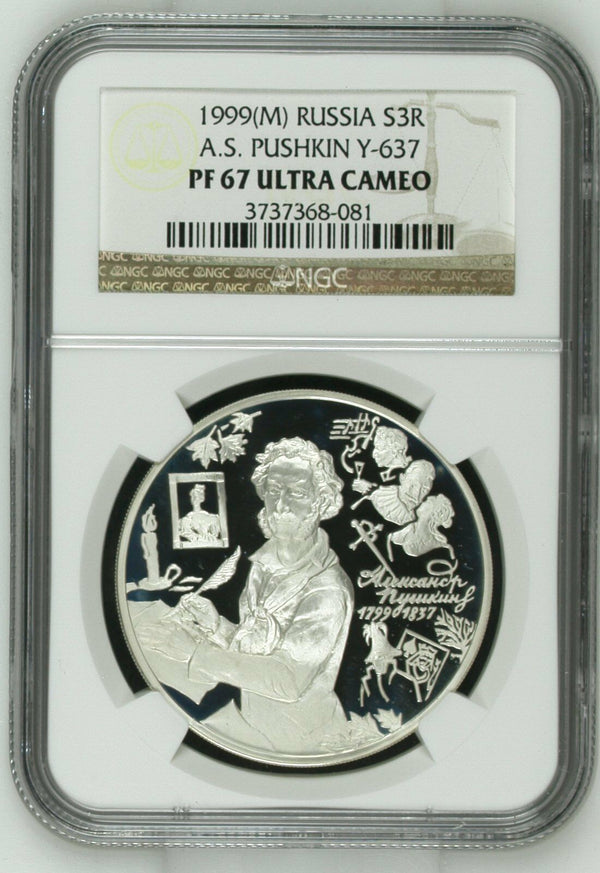 Russia 1999 Silver Coin 3 Roubles Alexander Pushkin Y-636 NGC PF 67 Ultra Cameo