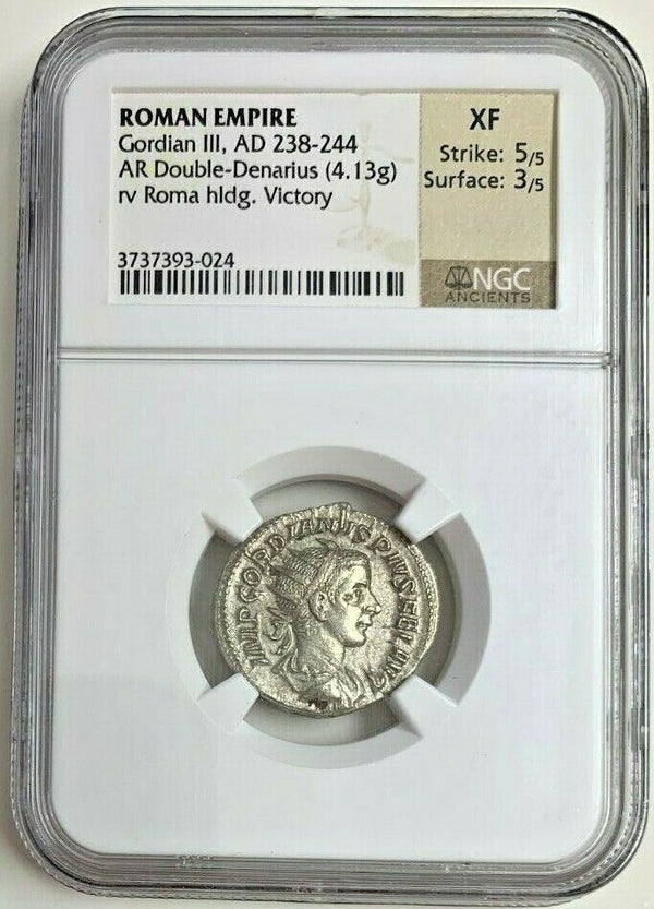 Roman Empire Gordian III AD238-244 Double Denarius Roma holding Victory NGC XF