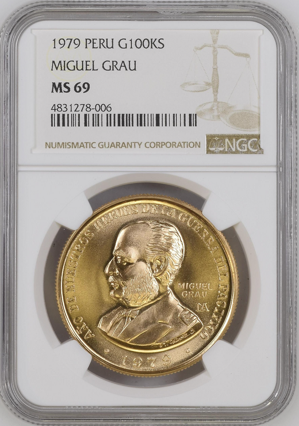 Peru 1979 Gold 100000 Soles Admiral Miguel Grau Pacific War NGC MS69 Top Pop