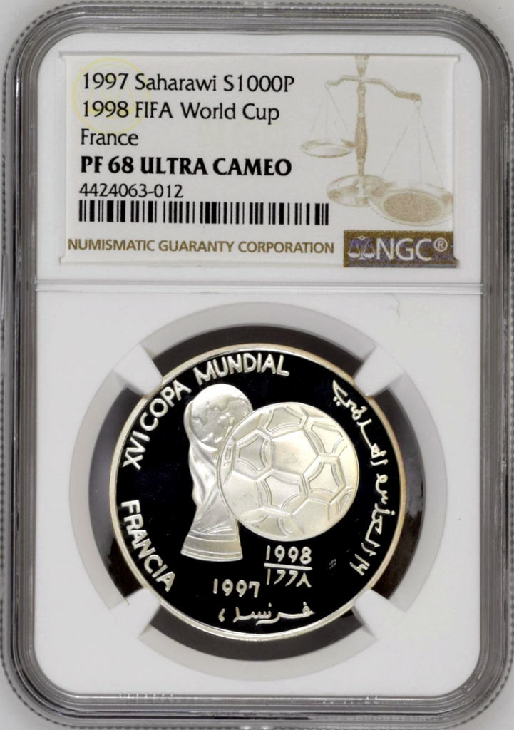 Saharawi 1997 Silver 1000 Pesetas Soccer 1998 FIFA World Cup NGC PF68 Top Pop